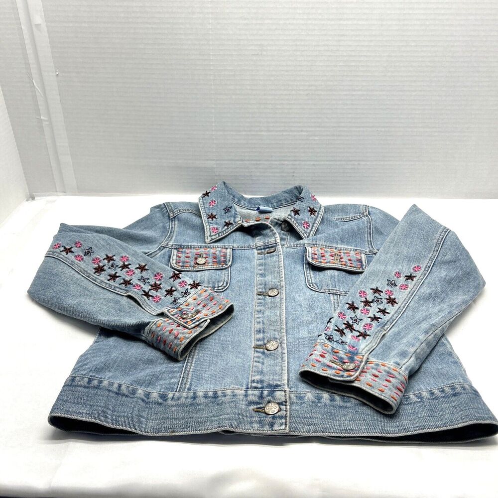 Sigrid Olsen So Blue Womens Jean Jacket Embroidered Trucker Western Size M - Picture 2 of 6